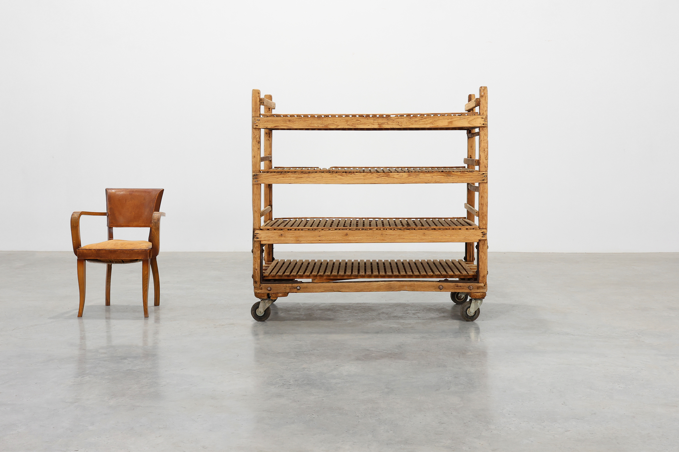 Large baker's cart/ rolling shelf in pine wood, France ca. 1900thumbnail